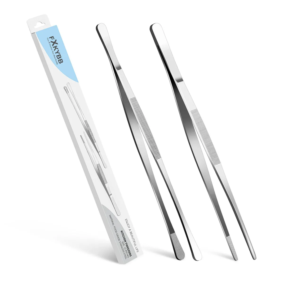 Pair of 12 inch stainless steel kitchen tongs with serrated tips