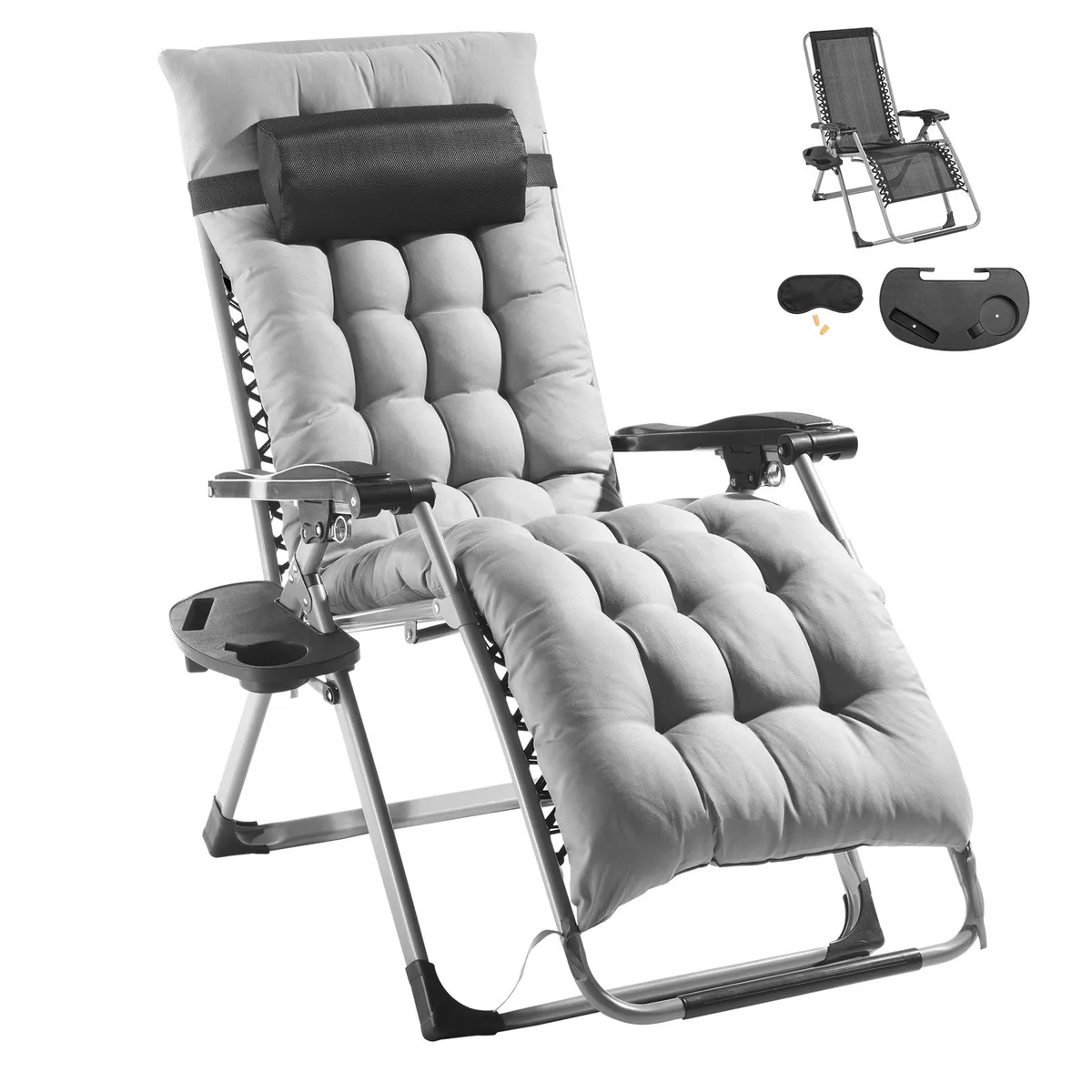Gray zero gravity lounge chair folded flat showing steel frame and padded seat