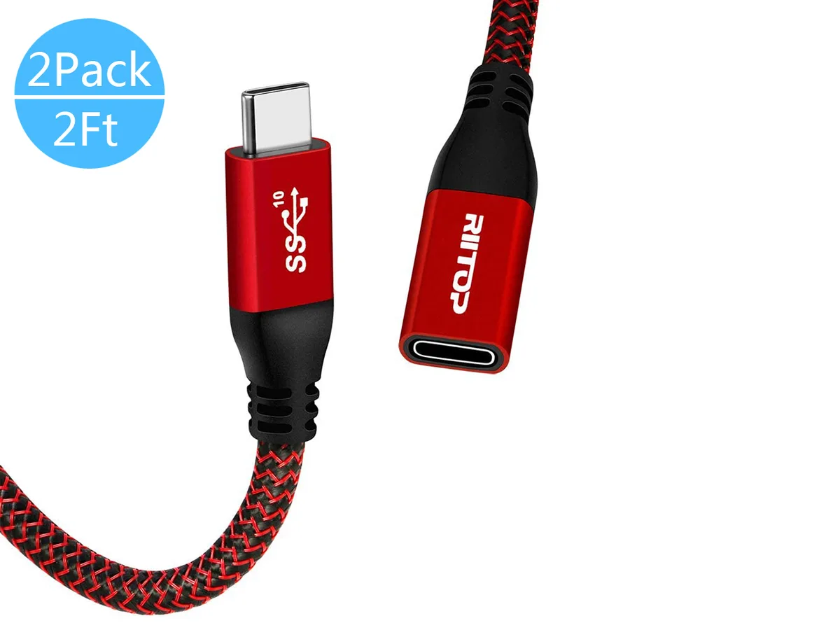 RIITOP RIITOP USB-C Male to Female Braided Extension Cable 2ft 10Gbps Red 2Pack — product photo