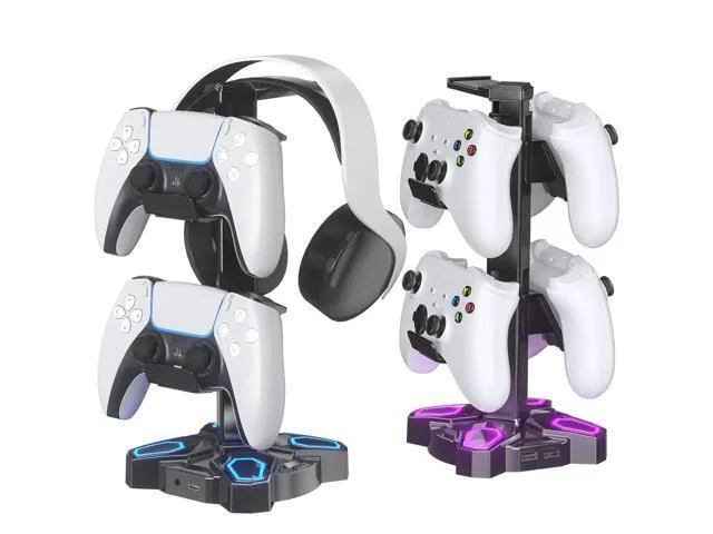 Black rotatable headphone stand with RGB lighting, controller holder, USB and 3.5 mm ports