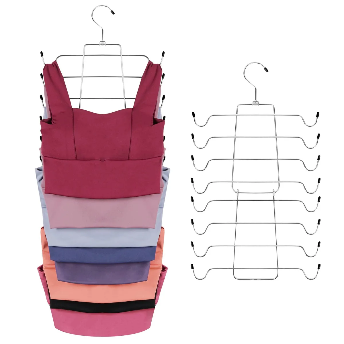 Two metal tank top hangers with 32 hooks and 360° swivel hooks, folded flat showing rubber coated edges