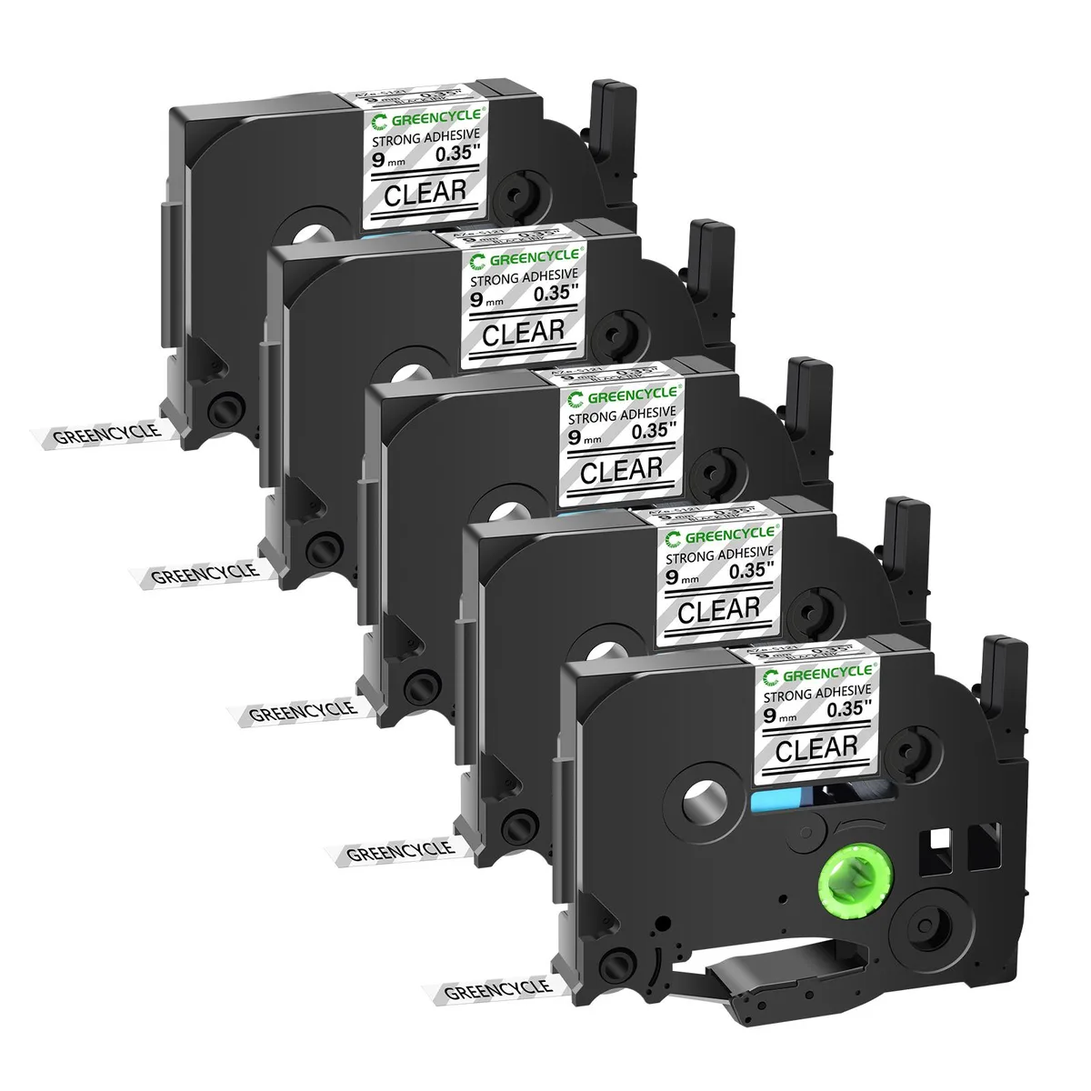GREENCYCLE GREENCYCLE TZe-S121 9mm 26.2ft Black on Clear labelmaker tape, 5 pack — product photo