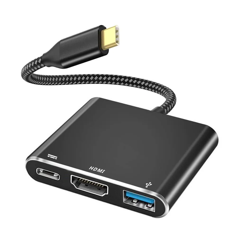 Black aluminium USB-C hub with HDMI, USB 3.0 and USB-C charging ports, 6.7 inches long