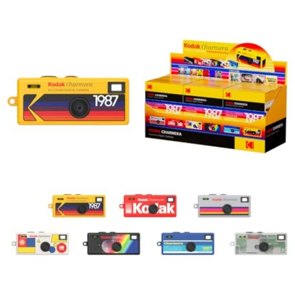 Six tiny retro-styled keychain cameras in blind-box packaging