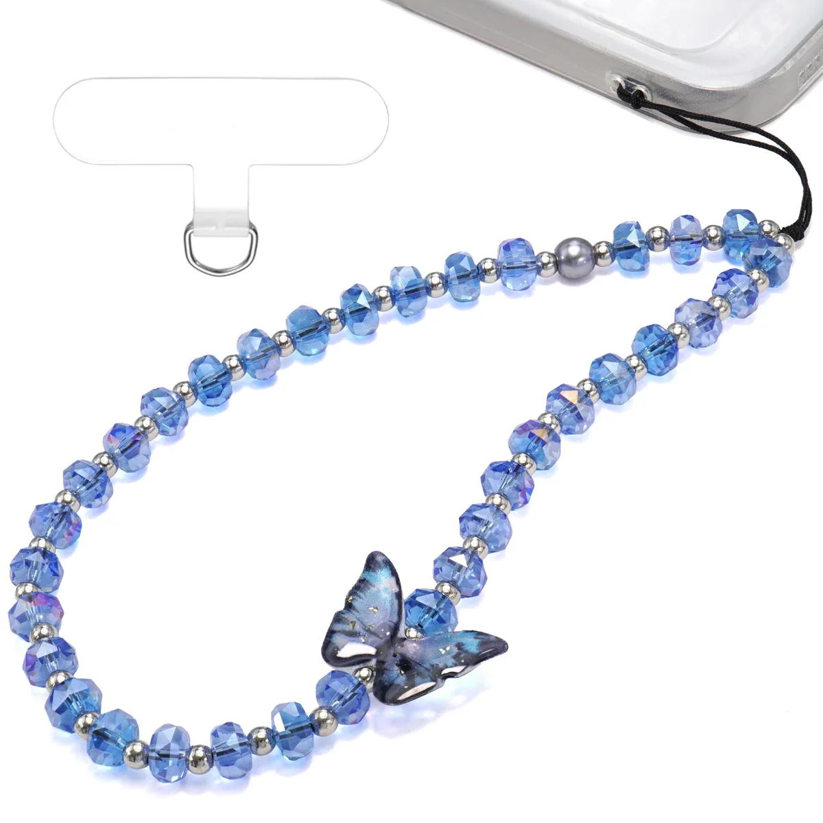 Blue acrylic beaded bracelet phone charm with pink pearl accents