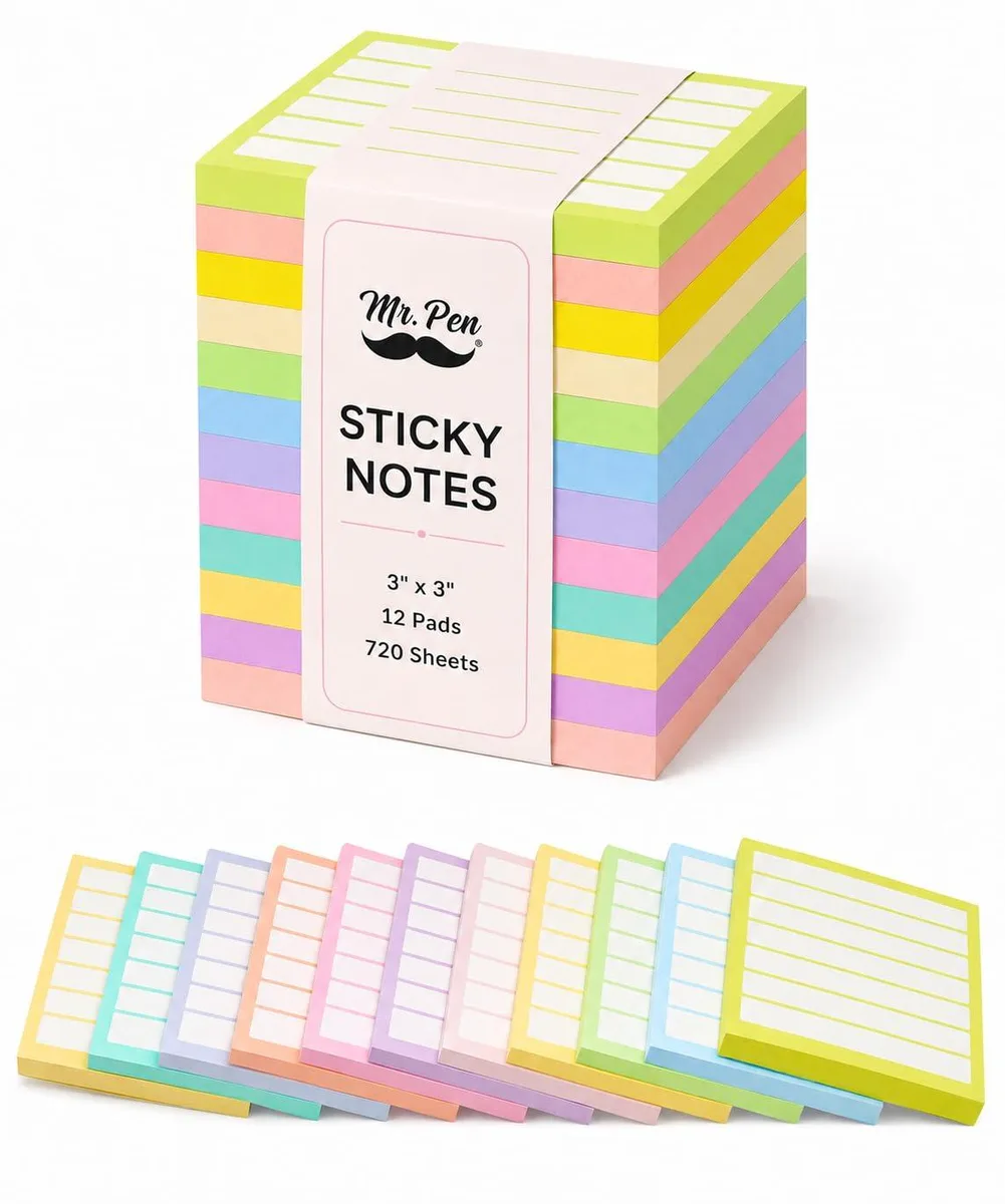 Twelve square pads of multicoloured lined sticky notes, 3 by 3 inches, 720 sheets total