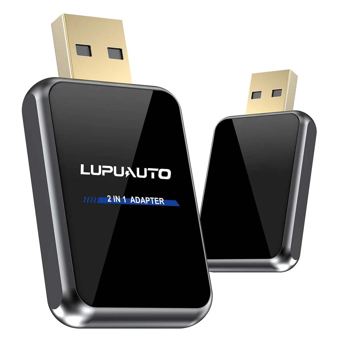Small black USB dongle with two ports for wireless CarPlay and Android Auto