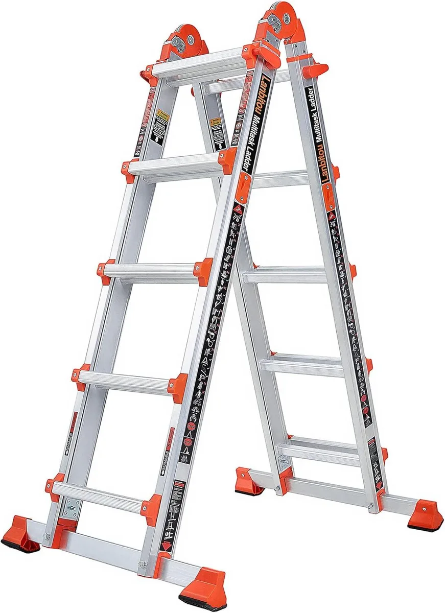 Silver aluminium 17 ft multi-position ladder with five rungs, wide anti-slip treads and rubber feet