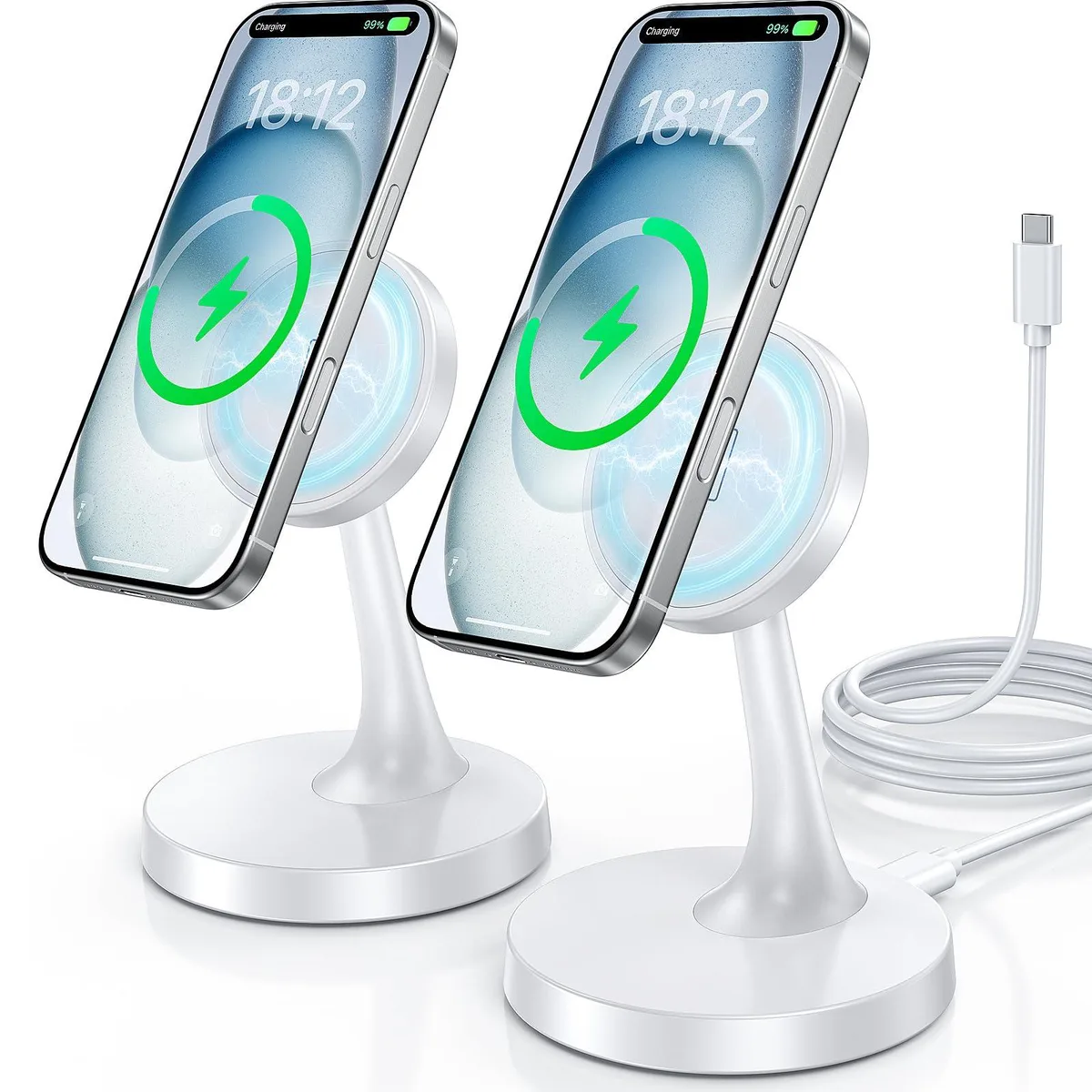 Two white magnetic wireless charging stands side by side