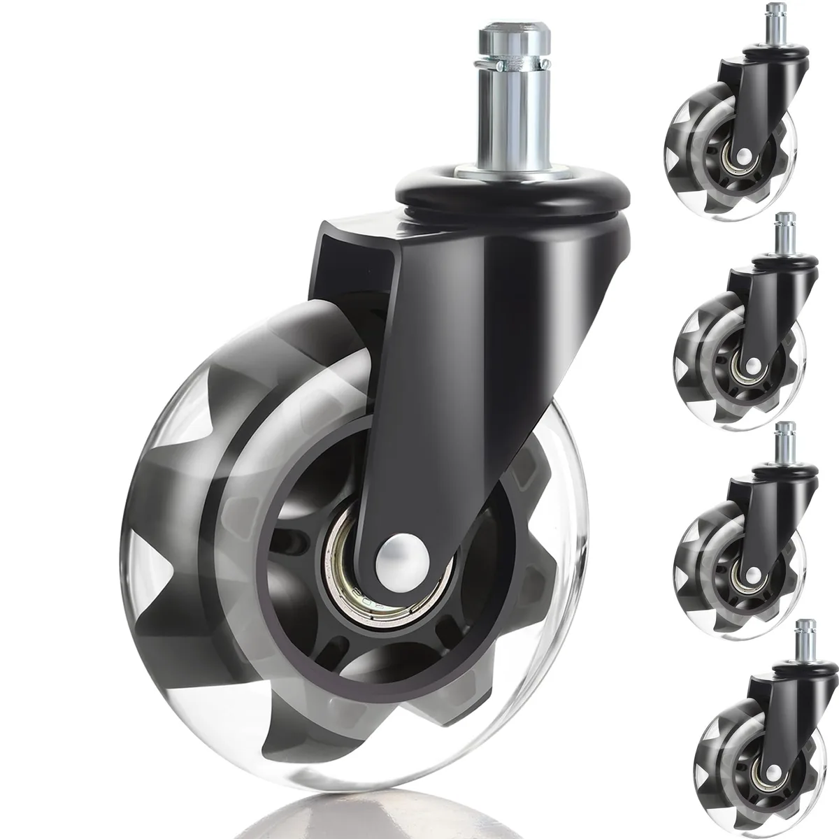 Five black 3-inch stem-mount caster wheels with polyurethane treads