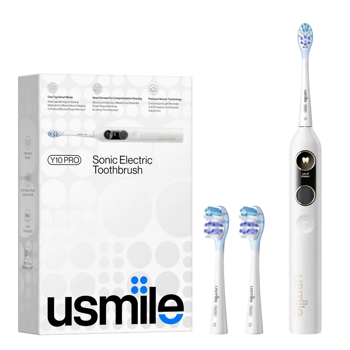 White electric toothbrush with built-in screen display, cylindrical handle, smooth matte finish