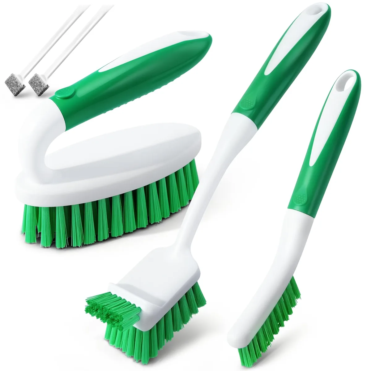 Five green cleaning brushes with handles, various bristle shapes, 28 cm tall