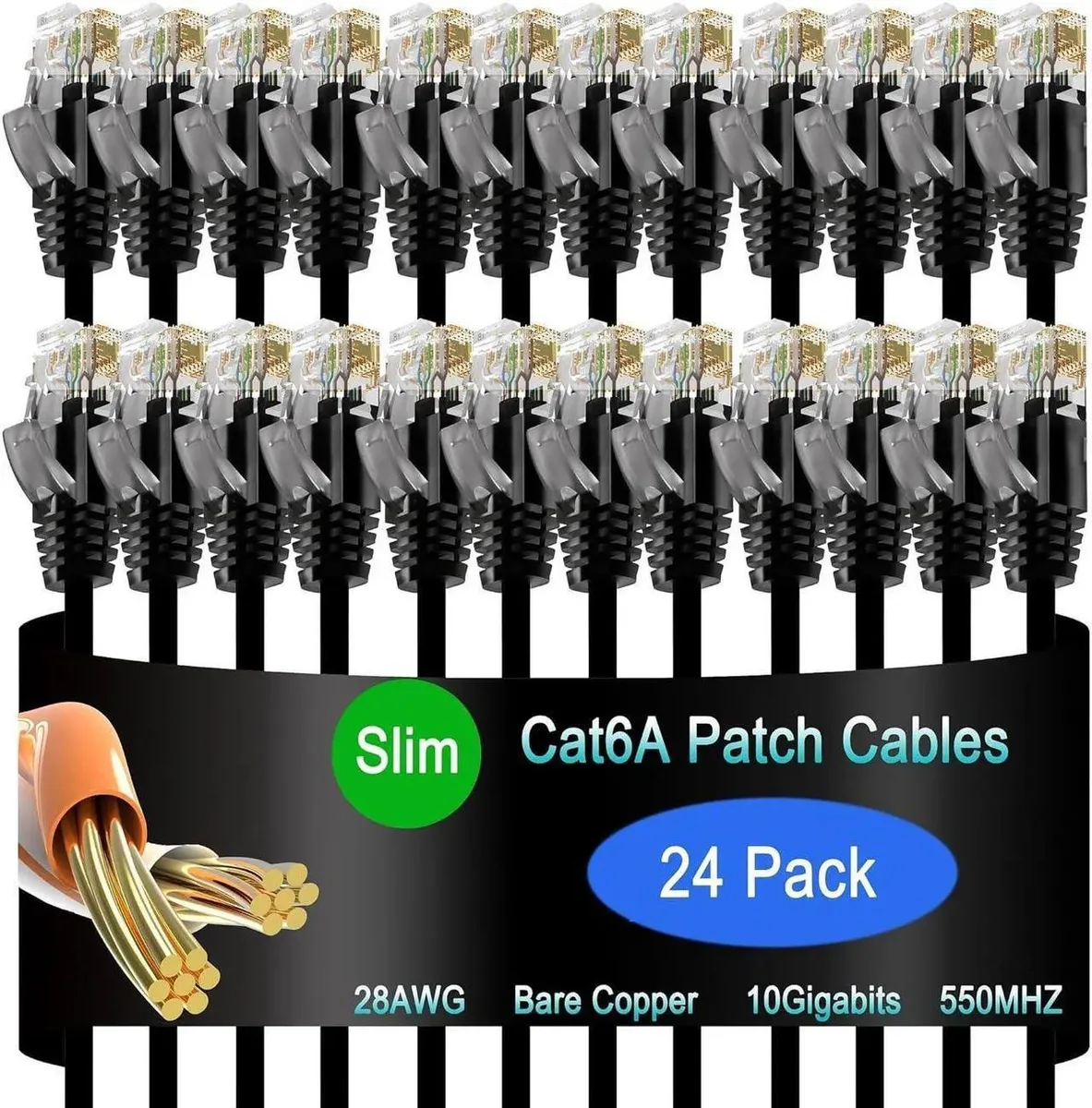 Black slim Cat6a patch cables 1 ft 24 pack