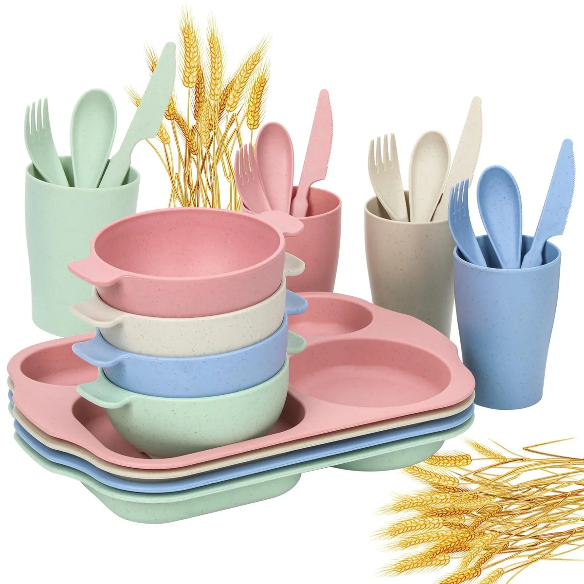 White square wheat straw dinnerware set with divided plates bowls cups and cutlery for four people