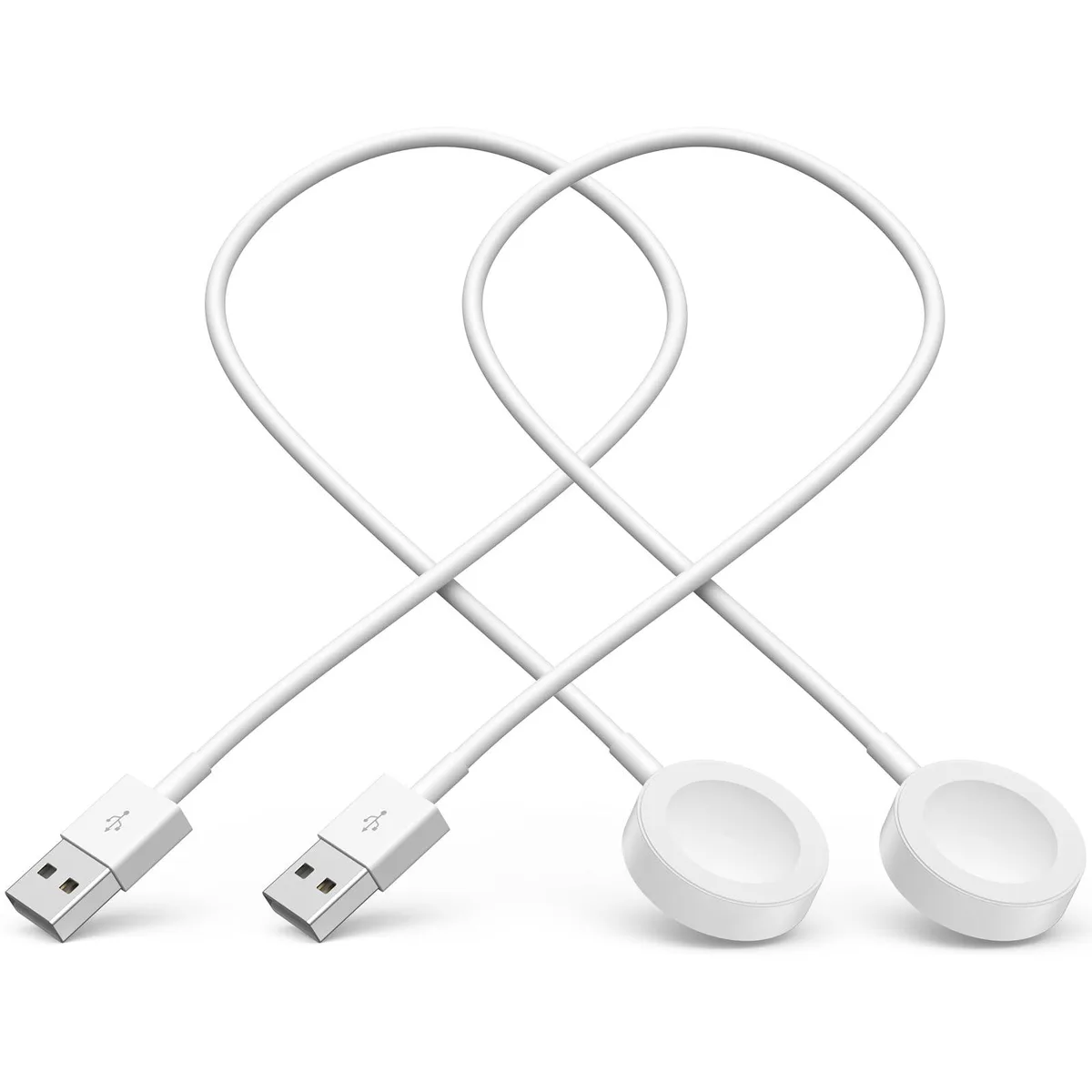 Two short white USB-C magnetic Apple Watch chargers coiled side by side