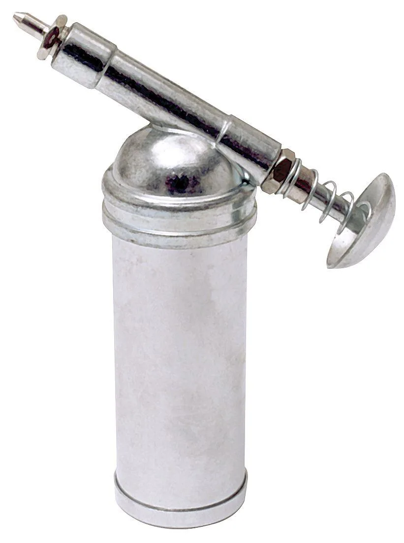 Silver metal mini grease gun with push handle and needle nose nozzle