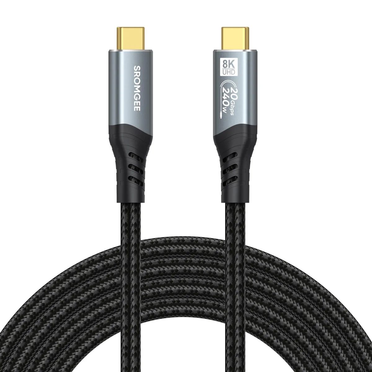 Black braided USB-C to USB-C cable, 100 cm long