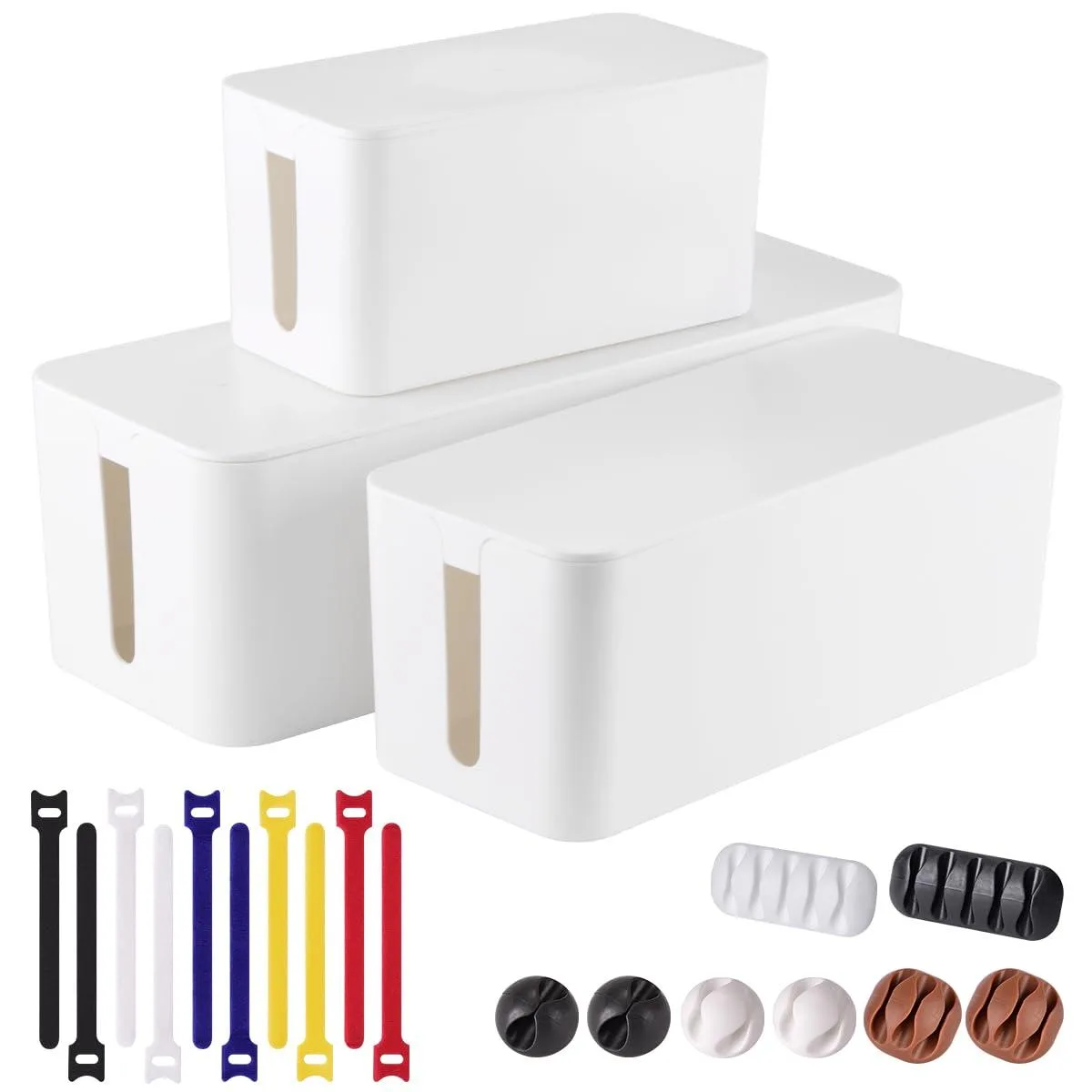Three white cable boxes with clips and ties, contemporary style, ABS material, self-adhesive