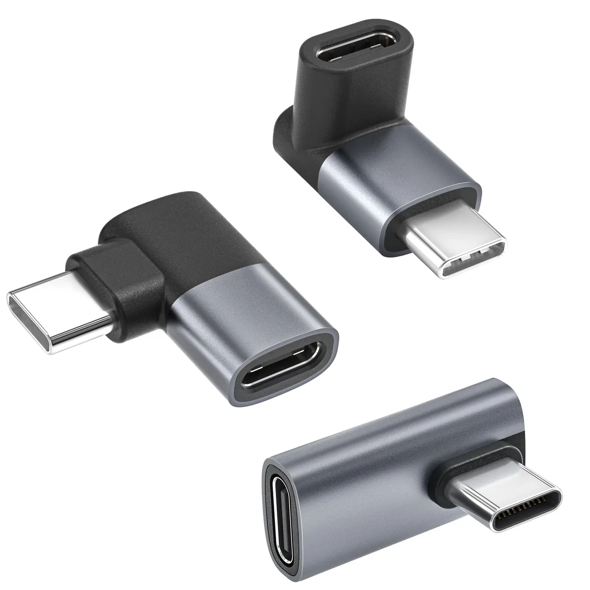 Three grey USB-C right-angle extenders, six inches long, aluminium shells