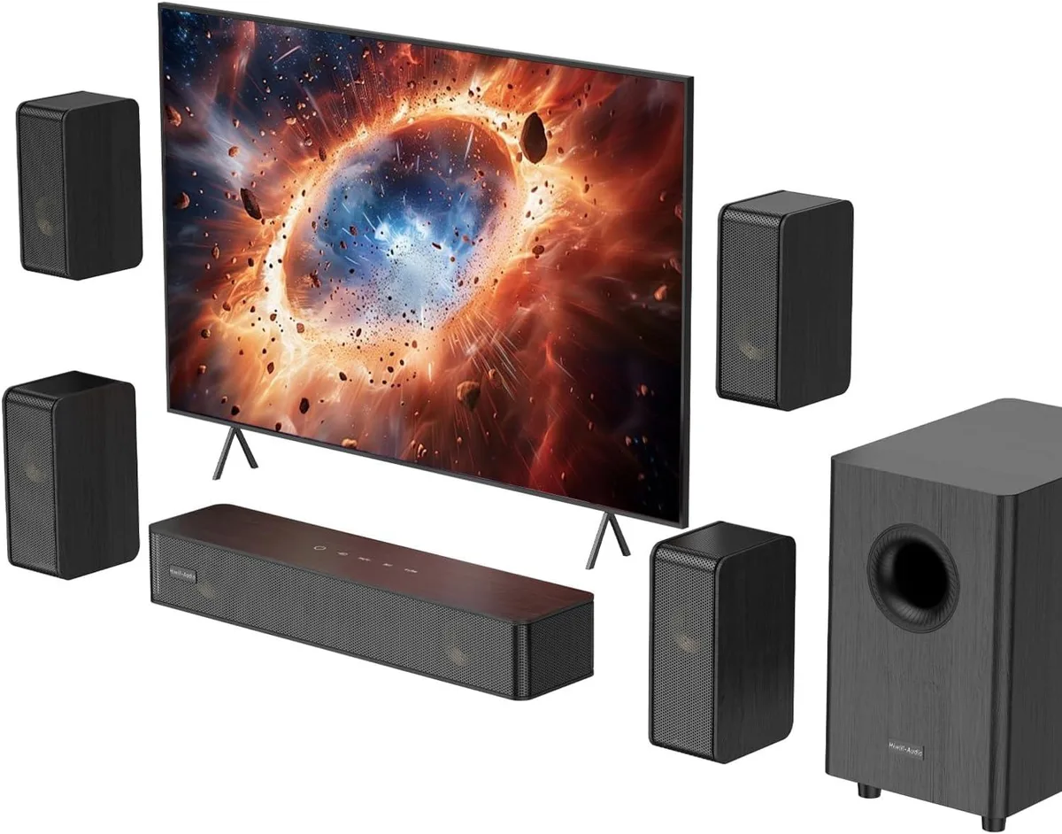 Hiwill-Audio N512 5.1 soundbar system with wooden cabinets, four wired surround speakers and a 5.25" subwoofer