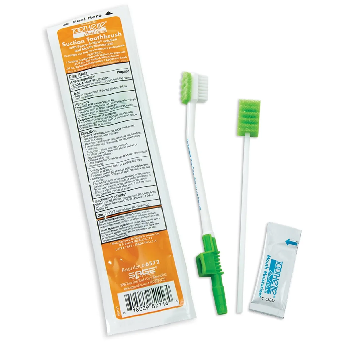 White suction toothbrush kit with solution pouch and swab