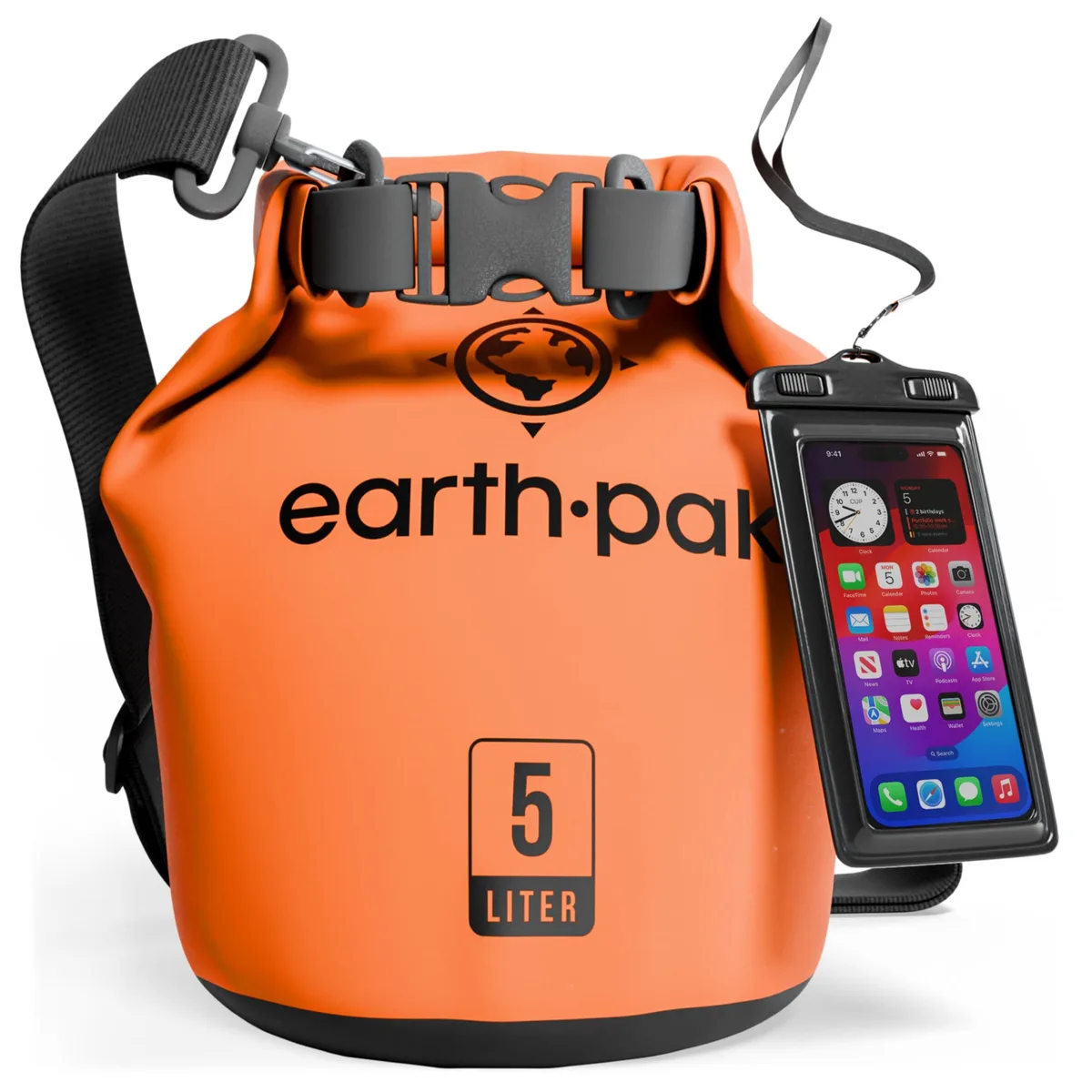 Black 5L roll-top dry backpack with adjustable shoulder straps and zippered front pocket