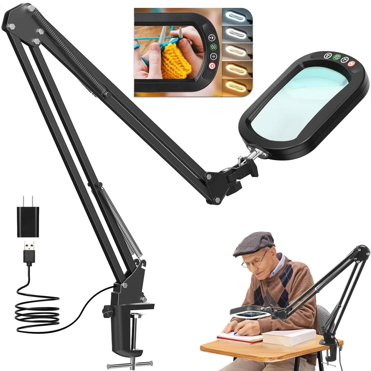 Black rectangular magnifying lamp with clamp and dual swing arms, 14.35-inch glass lens, LED light head with buttons