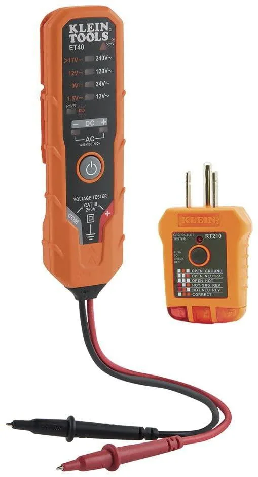 Two Klein Tools testers, one pen-style voltage tester with LCD and pocket clip, one GFCI receptacle tester with three-prong plug