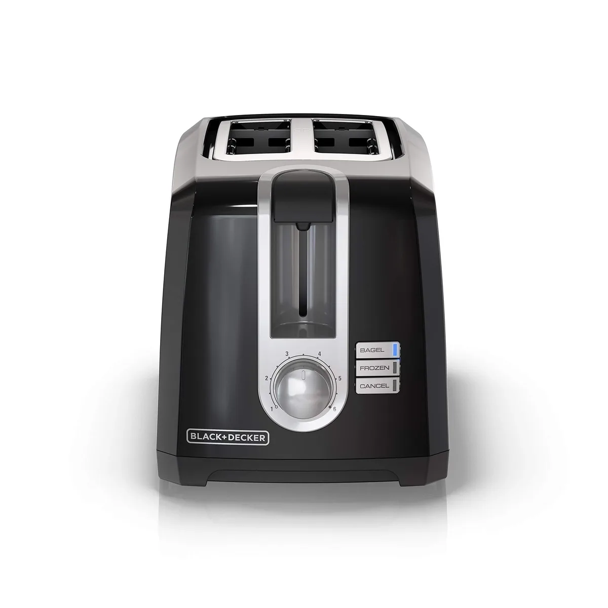 Black two-slice toaster with stainless steel finish and extra-wide slots
