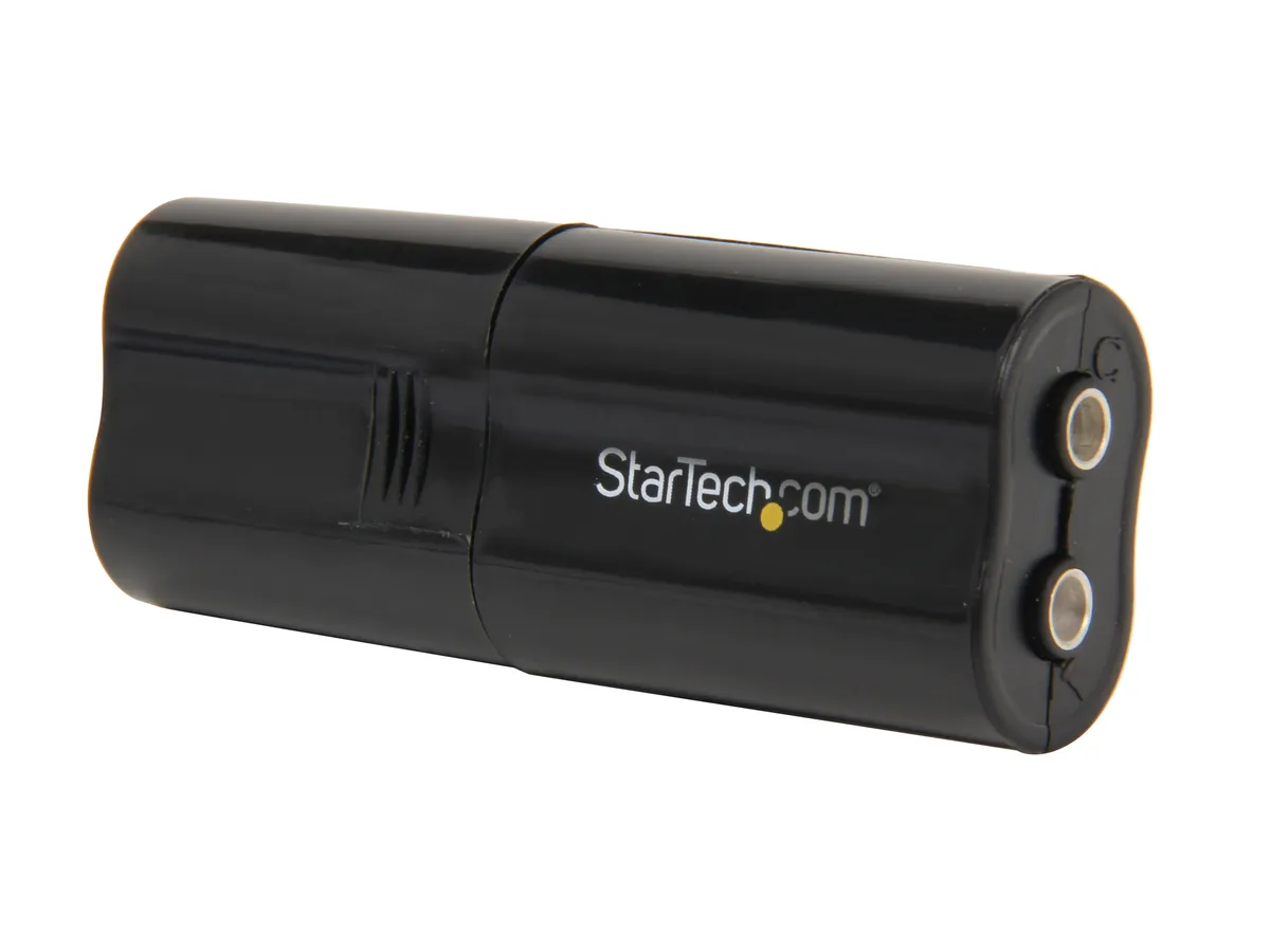 Black USB sound adapter with two 3.5 mm jacks