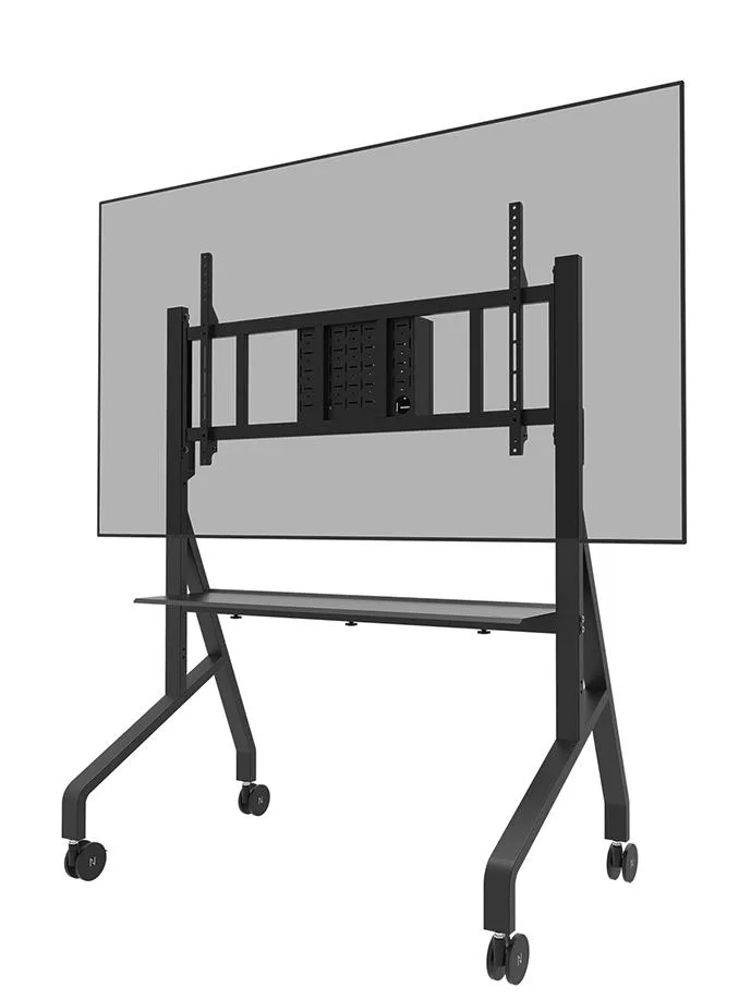 Black mobile floor stand with height-adjustable column and wheeled base