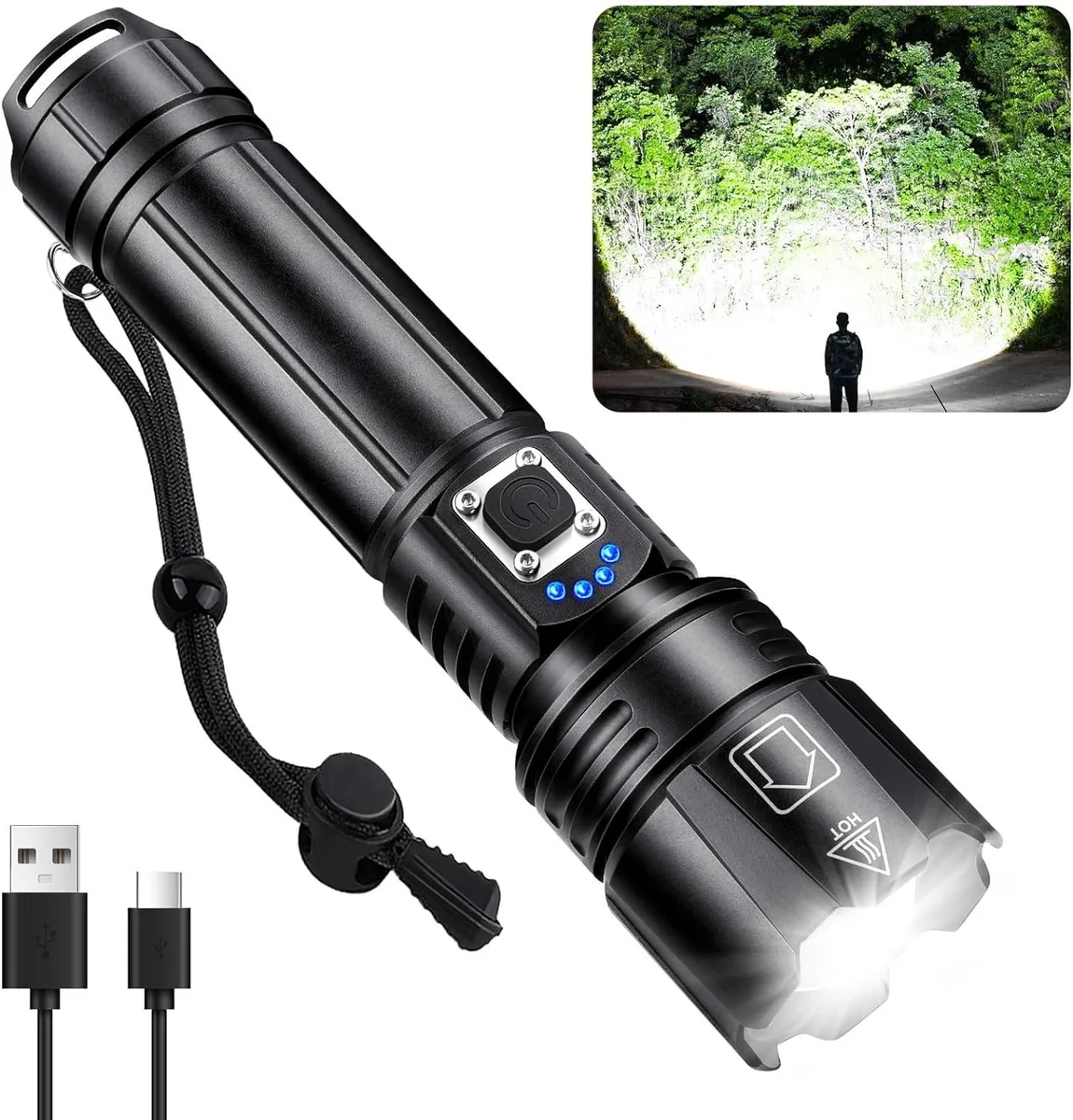 Cylindrical handheld flashlight with textured dark finish and USB charging port
