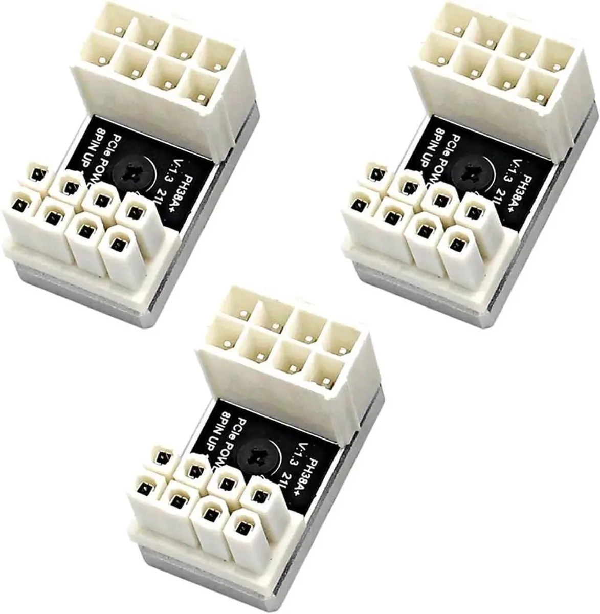 Three silver 180-degree CPU power adapters with heatsinks