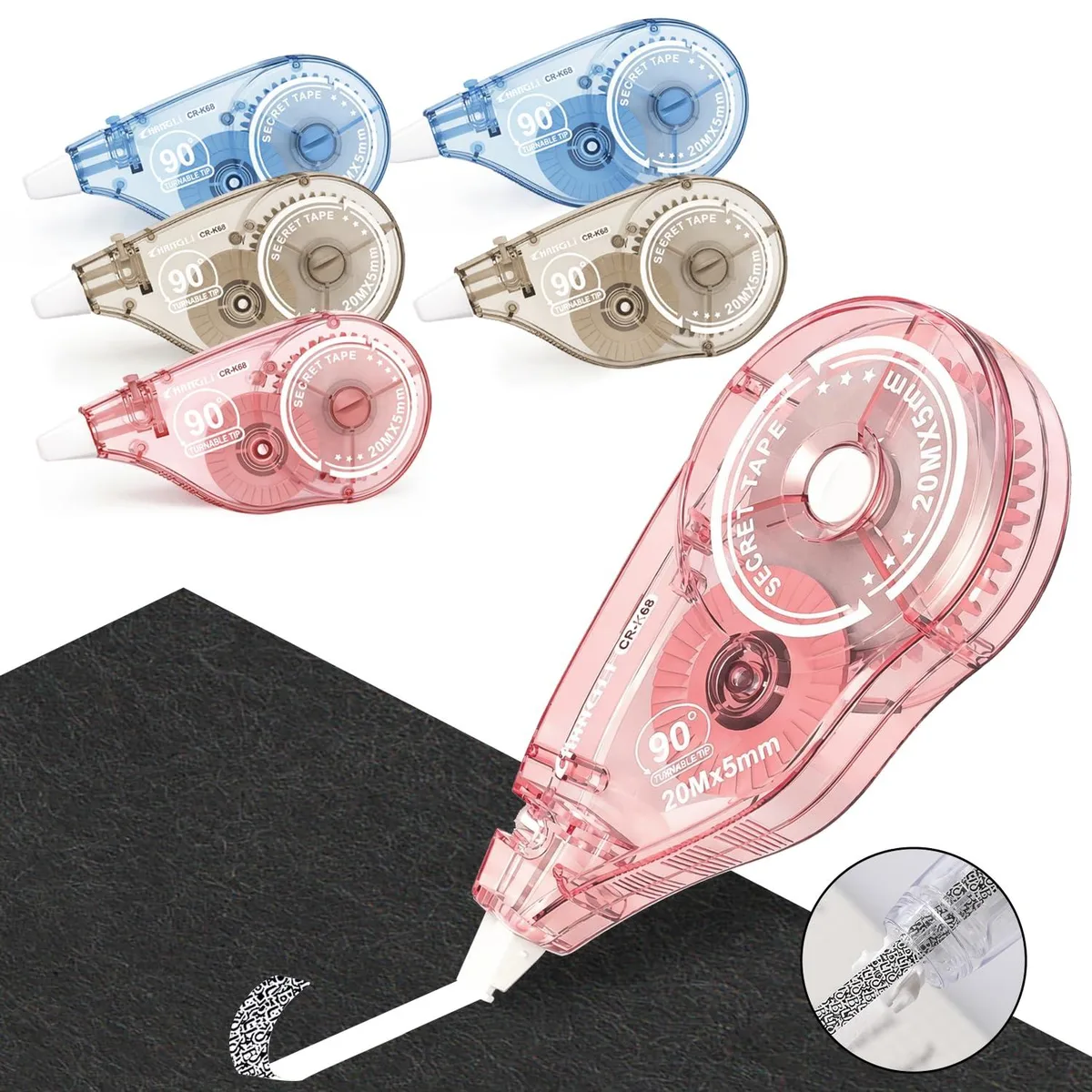 Six white correction tape dispensers with rotating tips