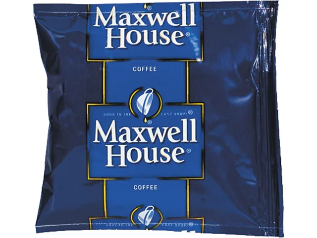 Cardboard carton holding 42 small foil coffee packets