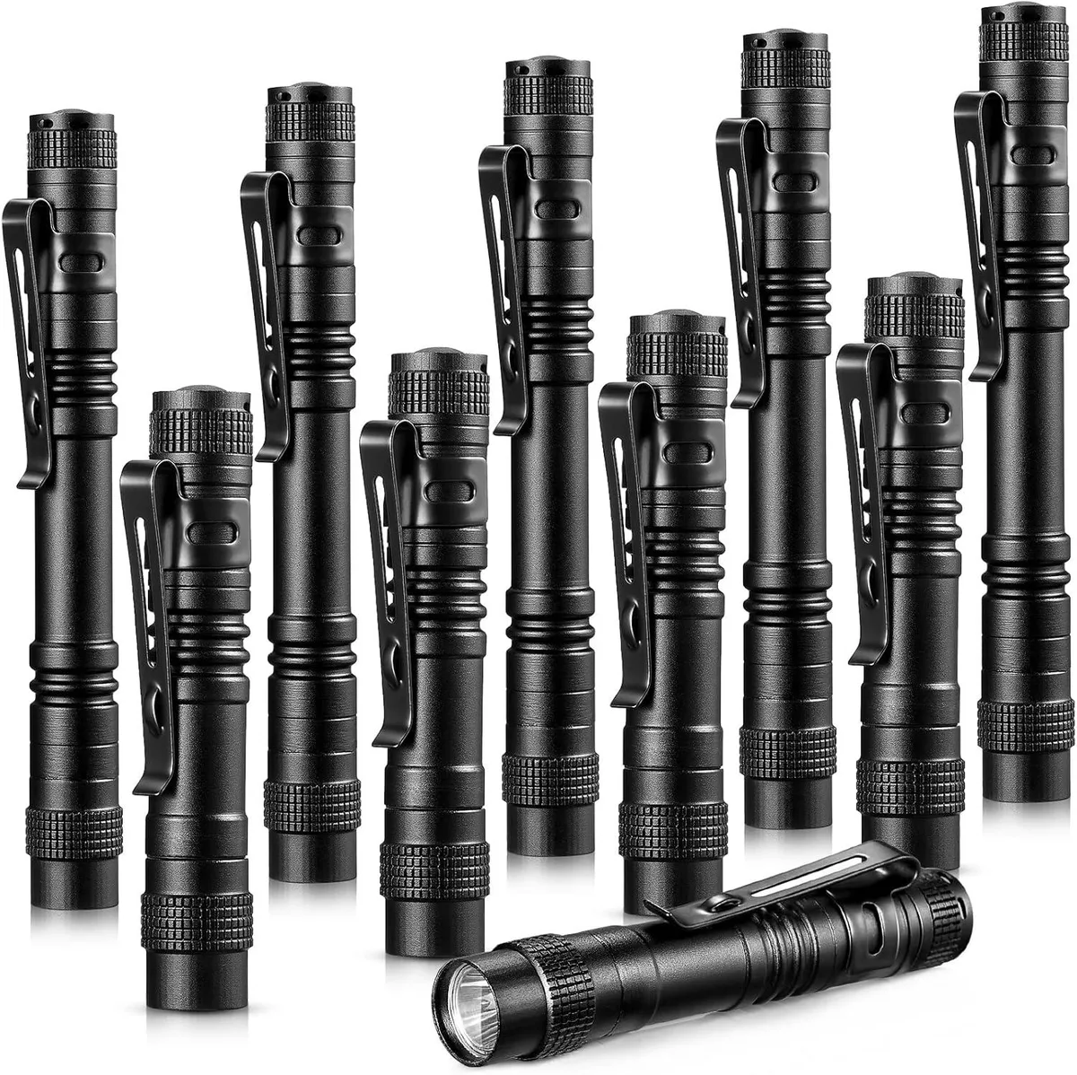 Ten aluminium pen lights with pocket clips, 3.5 and 5.2 inches long