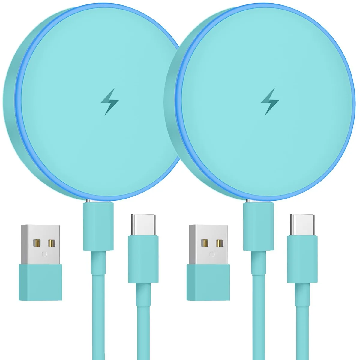 Two light green circular wireless chargers with magnetic alignment side by side