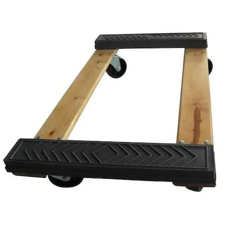 Brown wooden general-purpose dolly, 30 by 18 inches, rubber-padded deck, raised ends, strap securing