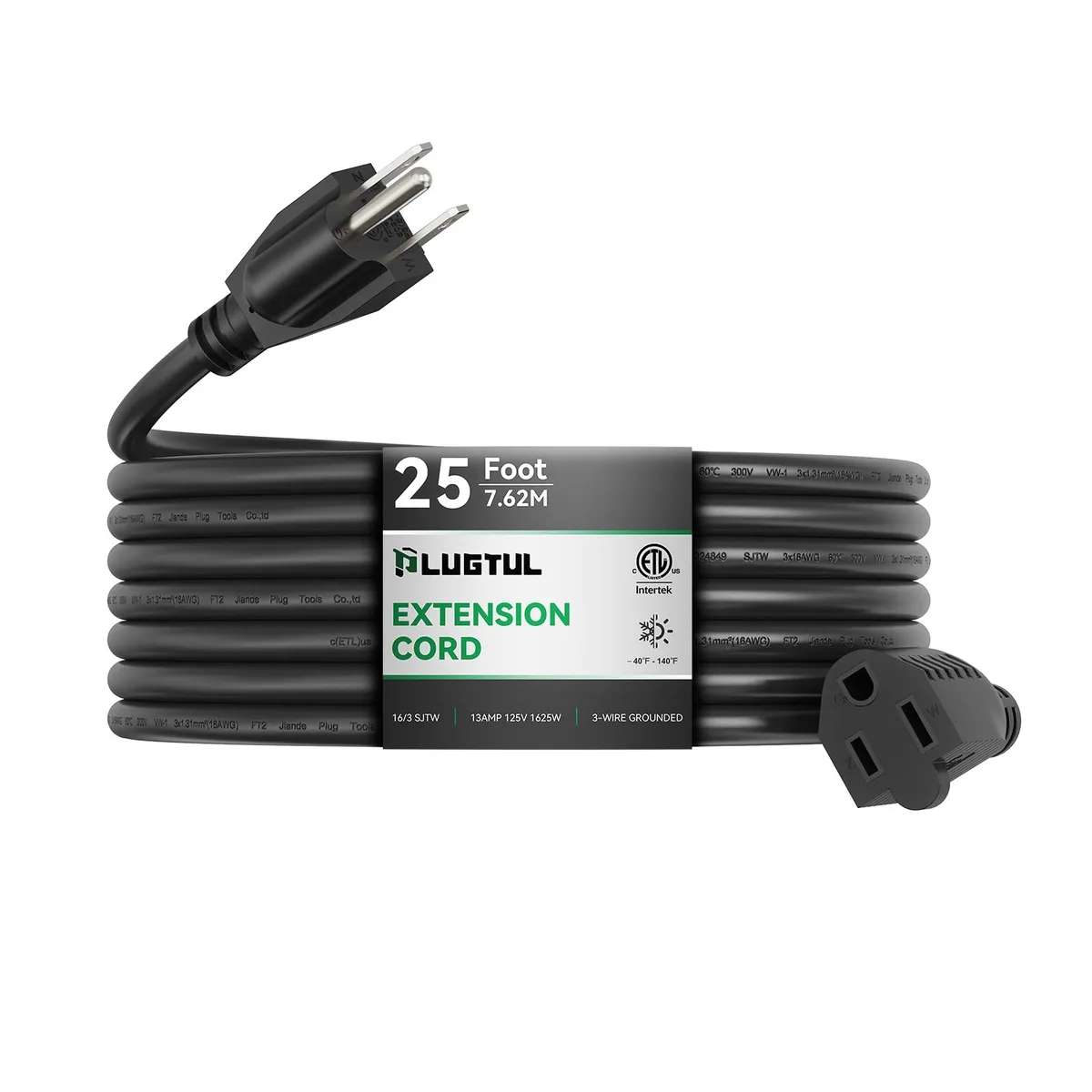  PLUGTUL 16/3 Gauge 25ft Black Power Extension Cord — product photo