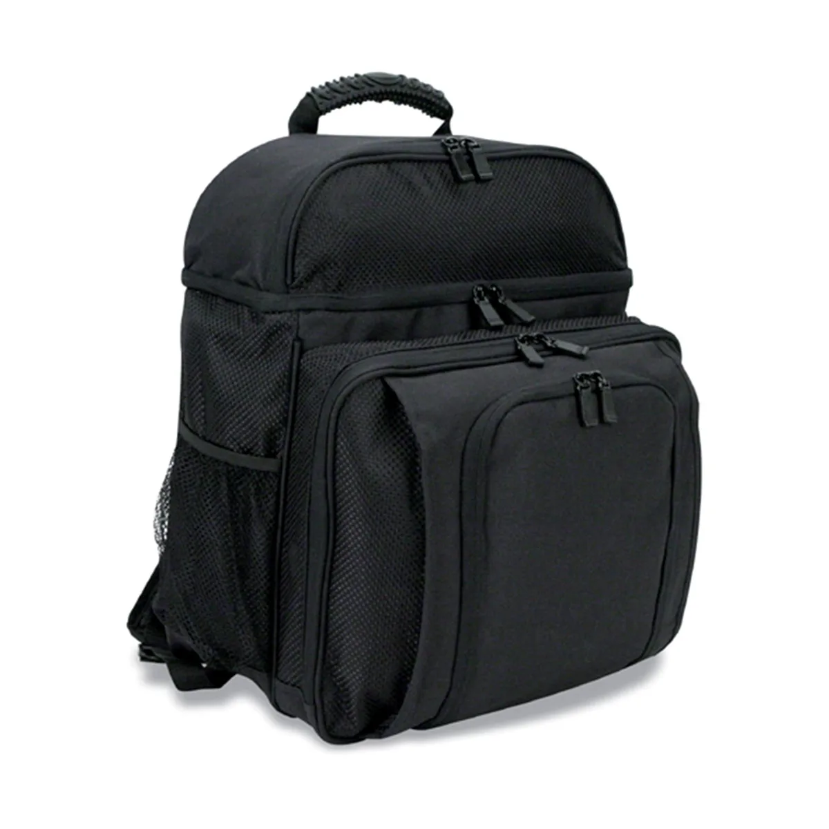 Black 16-inch laptop backpack with padded sleeve, three zip compartments and mesh side pockets