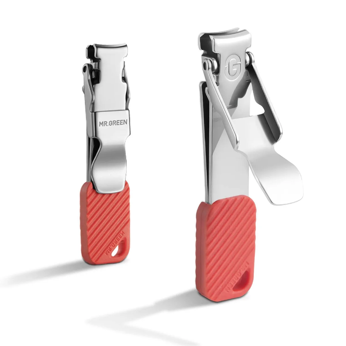 Red stainless steel foldable nail scissors with key chain attached
