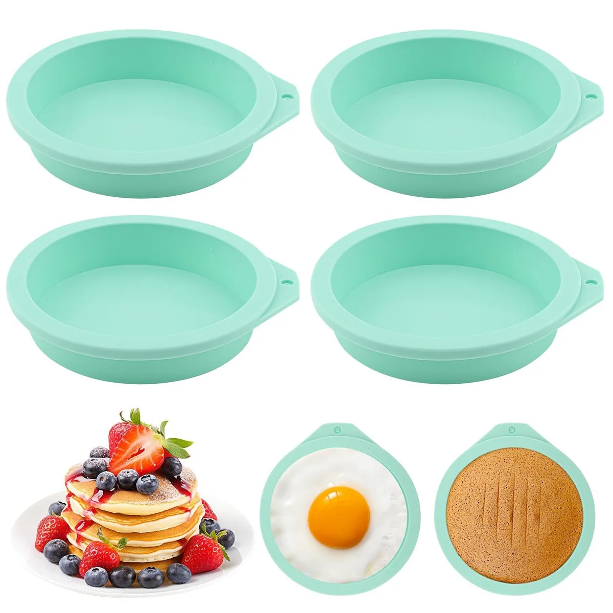 Four flexible silicone egg molds in neutral tone, three inches each, smooth non-stick finish