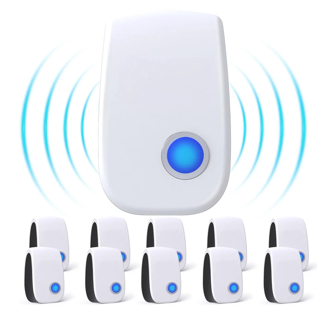 Ten white rectangular plug-in units with blue night lights