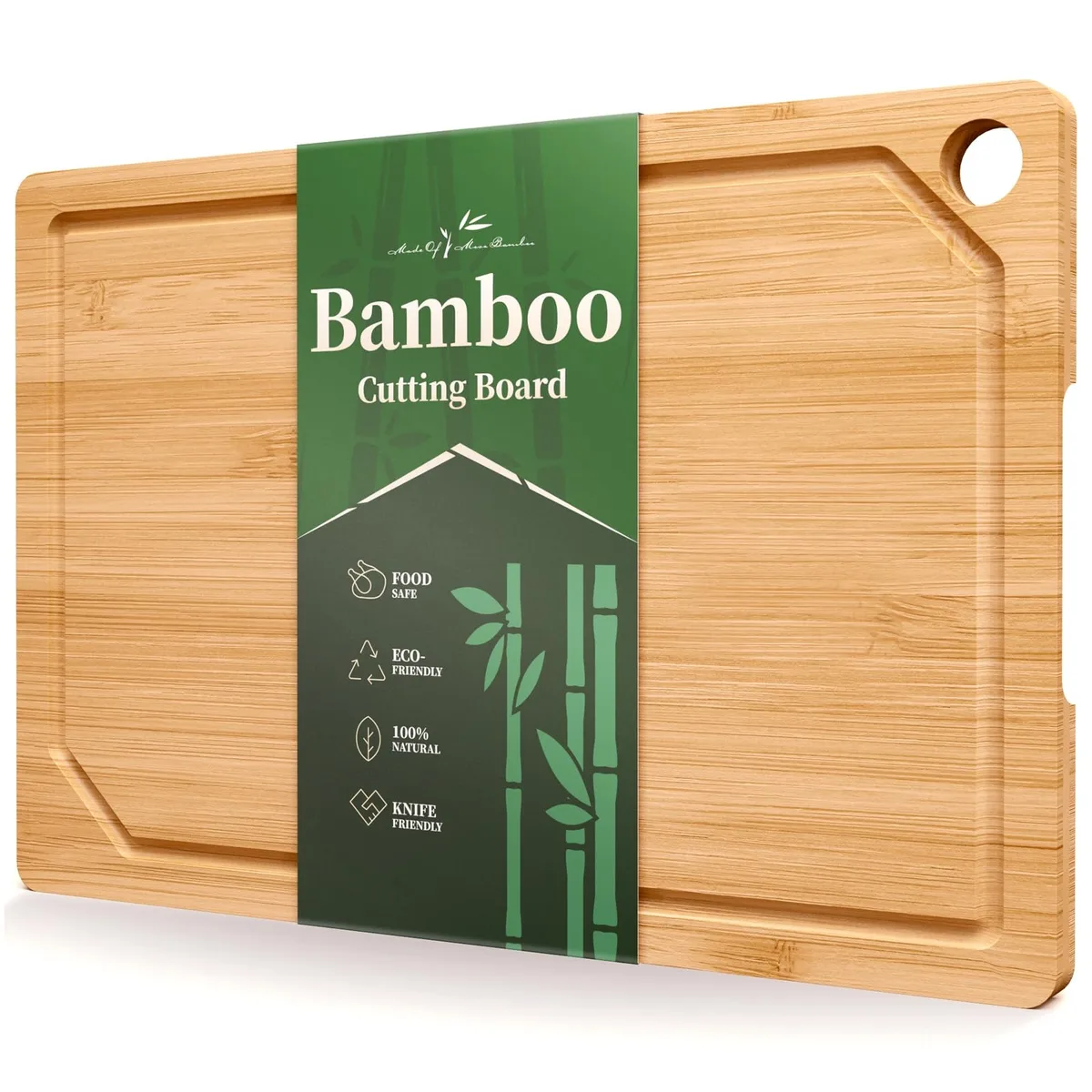 Large rectangular bamboo cutting board natural finish deep juice groove hanging hole 36.1 x 25.5 x 1.2 in