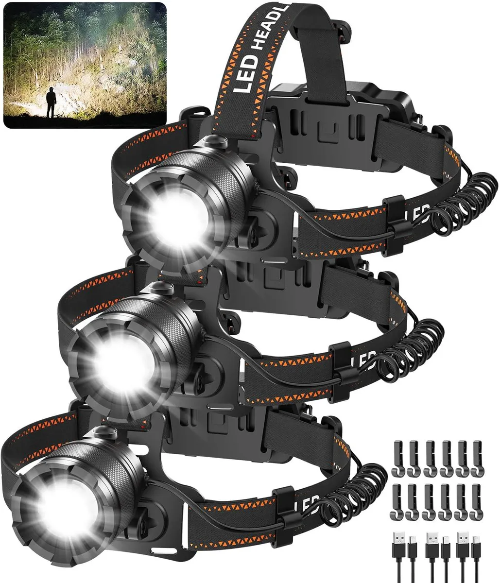 Three rechargeable LED headlamps with adjustable focus and elastic headbands