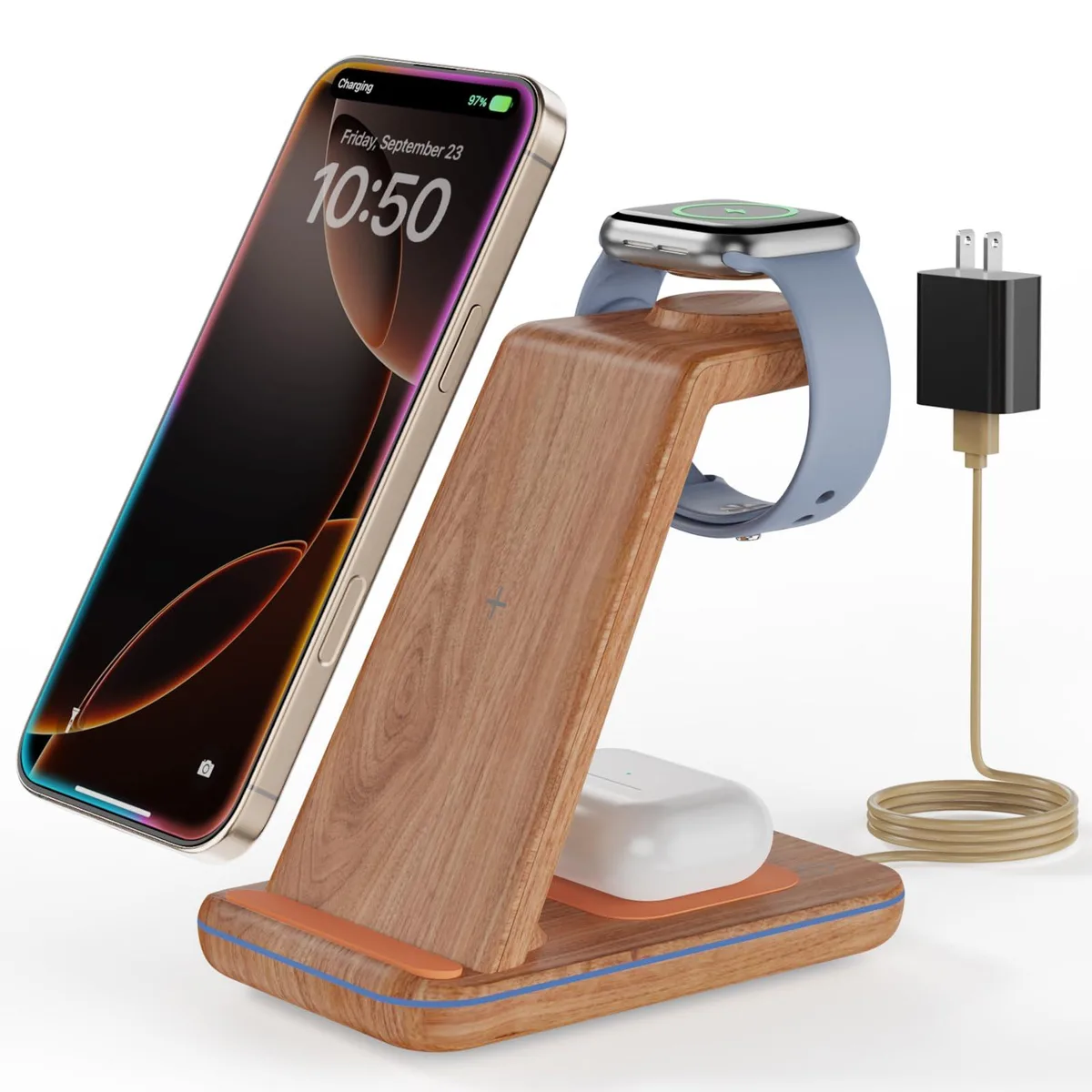 CIYOYO GD302-19 3-in-1 Wireless Charging Station Dark Wood — product photo