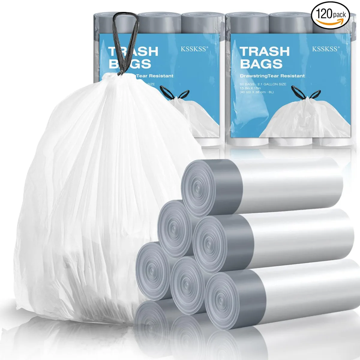  KSSKSS 1.6 Gallon Drawstring Trash Bags 120 Count White — product photo