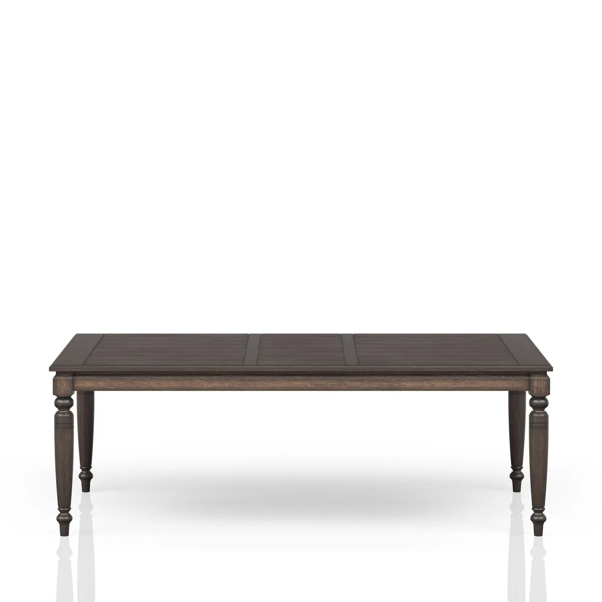 Rectangular expandable dining table in coffee finish with elm veneers, shown extended to 88 inches
