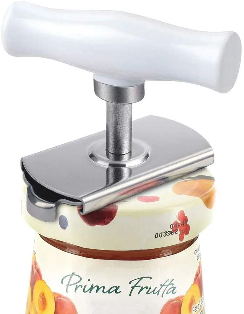 Adjustable stainless steel jar opener with white ABS handle, compact rectangular form, silver clamp jaws visible