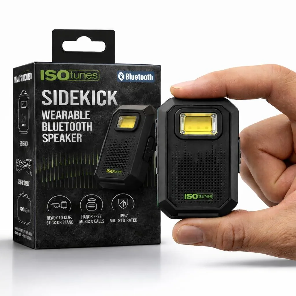 A compact clip-on speaker with magnetic mount, rugged buttons and LED light